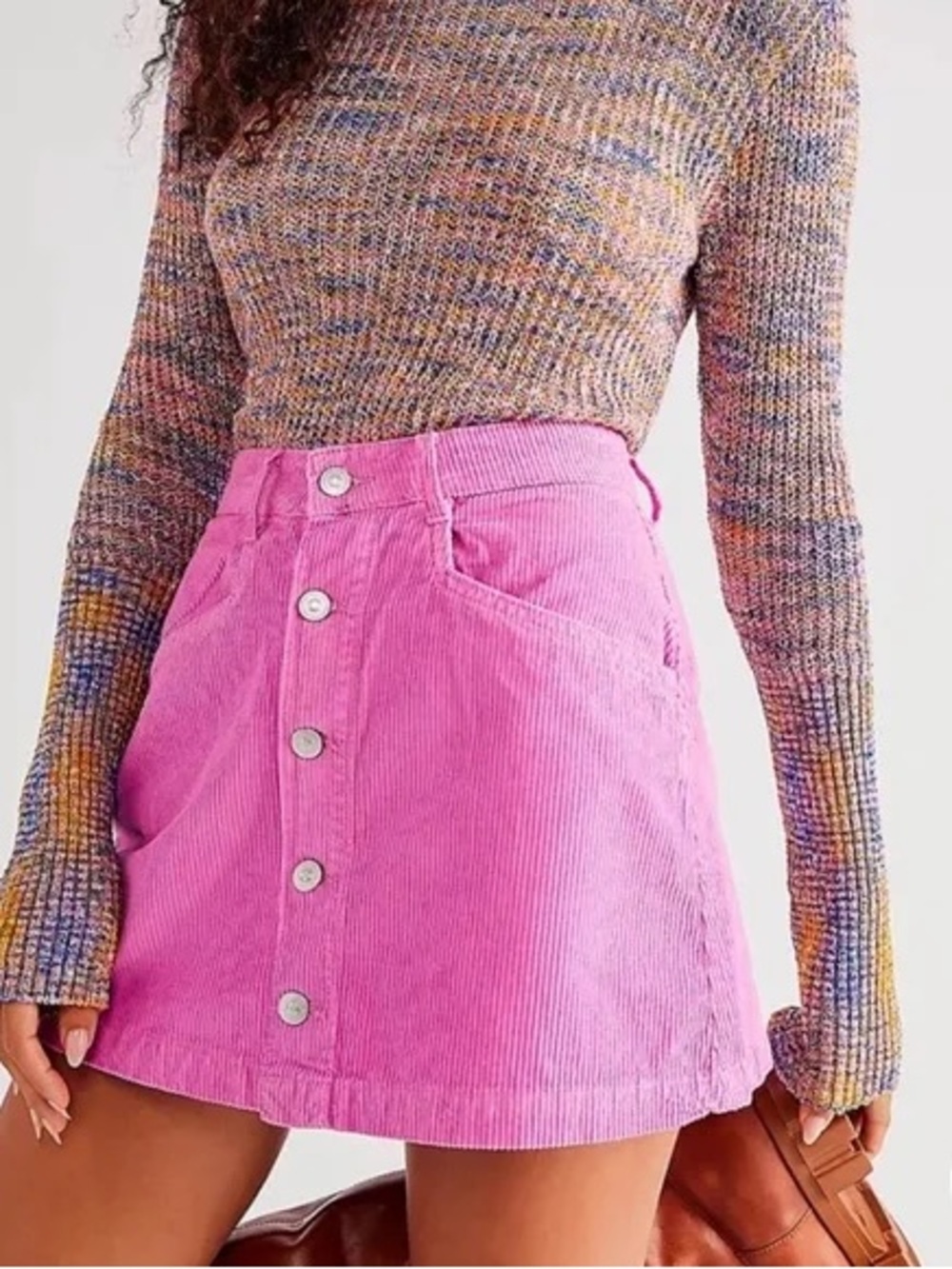 Free People Ray Corduroy Mini Skirt Pink Frosting bubblegum buttons high waisted